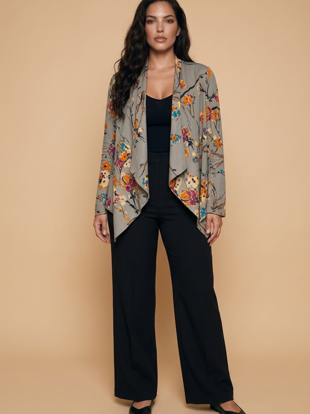 Darling Taupe Floral Draped Open-Front Jacket